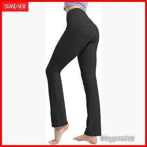 High Waist Straight Leg Yoga Pants Tummy Control Workout Pants with Pockets